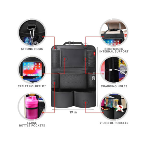Helteko Backseat Car Organizer, Kick Mats Back Seat Protector with Touch Screen Tablet Holder, Back Seat Organizer for Kids, Travel Accessories with 9 Storage Pockets 2 Pack, Black