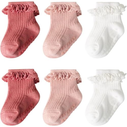 DRESHOW BQUBO Baby Girls Toddler Anti Slip Socks - Cute Frilly Ruffle Grip Ankle Socks for Infant Toddler