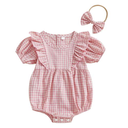 Virmaxy (3-12 Months) Girls New Trendy Romper Baby Casual Spring Summer Wrap Around Bodysuit with Bow Turban Plaid Short Sleeve Hoodie Crawling Suit Pink-1 3 Months