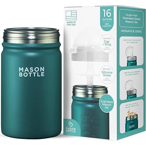 Mason Bottle 16oz Stainless Steel Mason Jar – BPA-Free Smoothie & Snack Cup for Kids (Lid Not Included) – Single-Wall, Compatible with Regular-Mouth Mason Jar Attachments (Green)