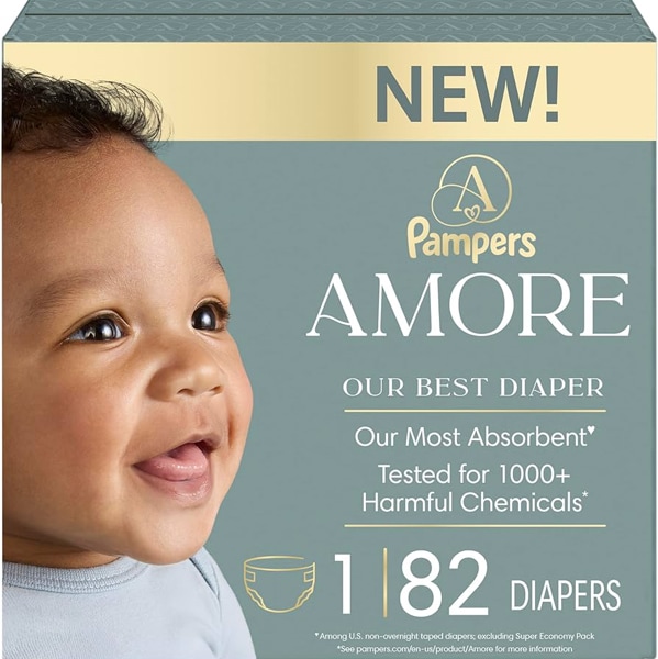 Pampers Amore, Size 1 (8-14 lbs), 82 Count, Our Best Diaper – Hypoallergenic & Fragrance Free, Up to 100% Leakproof, Soft as Cashmere