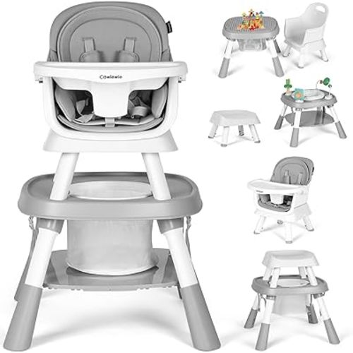 Cowiewie Baby High Chair 16-in-1 Convertible Highchairs for Toddlers Table,Portable High Chair for Baby,Chair Set Building Block Table Highchair with Safety Harness, Removable Tray (Grey)