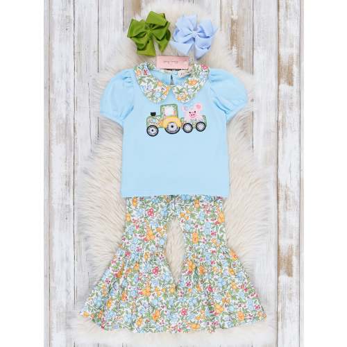 Light Blue Embroidered Piggy Tractor Bell Bottoms Outfit