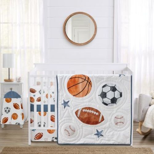 Sweet Jojo Designs Boy Crib Bedding + Breathablebaby Breathable Mesh Liner Watercolor Sports Theme Multicolor 6pc