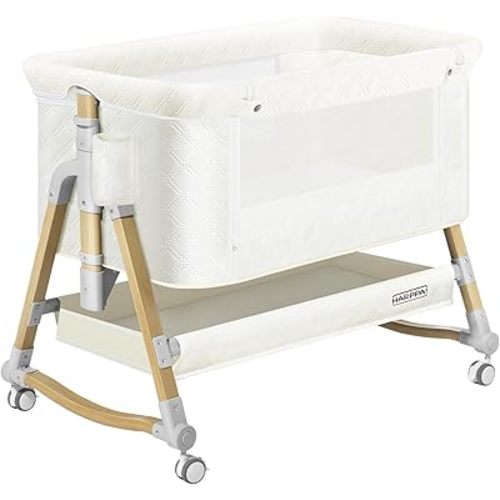 HARPPA Cuddly 3 in 1 Baby Bassinet Bedside Sleeper(Mosquito Net Included), Five-Position Adjustable Bedside Crib with Storage for Newborns, Portable Bassinet with Anchor Strap (Wood Grain, White)