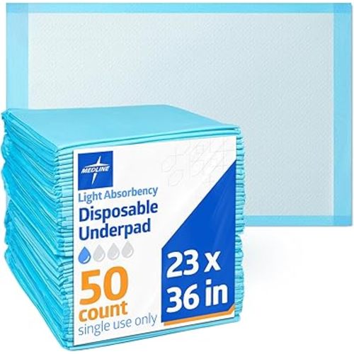 Medline Light Absorbency Underpad, 23" x 36", 50 Count, Disposable Bed, Furniture & Surface Protection, For Kids, Adults, Elderly, Puppy Pad, Changing Pad, Incontinence Pee Pad, Chucks