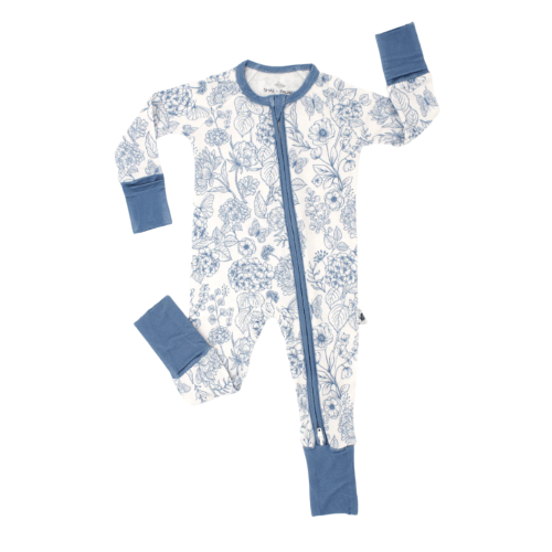 6-12M, Botanical - Floral - Baby Bamboo Pajamas - Romper - Double Zipper - Infinity Blue | Shae + Palmer