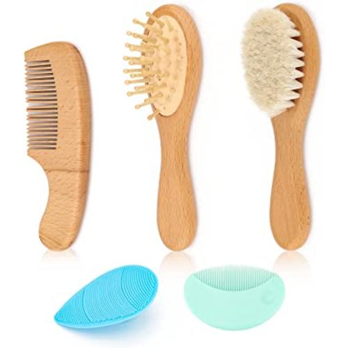Wooden Natural Goat Bristle Brush and Cradle Cap Comb Set - 5 in 1 Baby Grooming Kit for Newborns, Toddlers, Boys, and Girls (Blue)