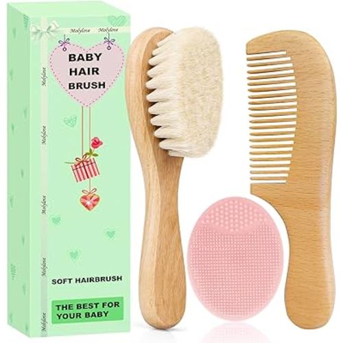 3PCS Baby Hair Brush with Wooden Handle and Comb Set for Newborns & Toddlers | Natural Soft Goat Bristles l Wood Comb l Pink Silicone Brush| Ideal for Cradle Cap