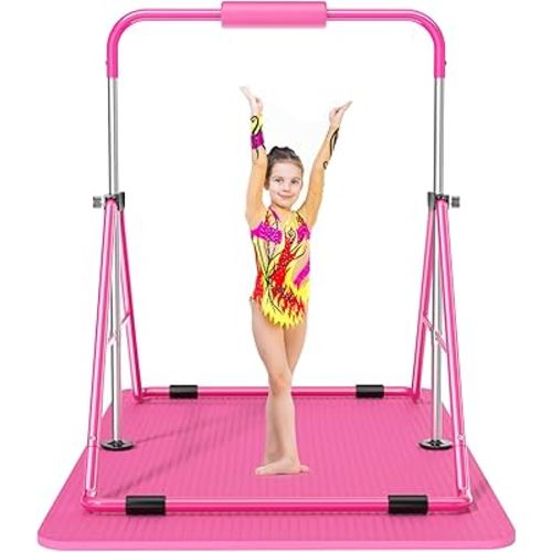 Safly Fun Expandable Gymnastics Bar for Kids - Height Adjustable Junior Training Bar for Home, Folding Gymnastic Horizontal Bars Equipment