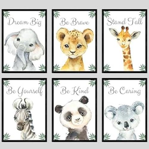 Baby Safari Animals for Girl or Boy Nursery Bedroom, Set of 6 Unframed Wall Art Prints, Jungle Leaves Quote Posters, Nursery Decor Gift, Giraffe Elephant Lion, Stand Tall Dream Big Be Brave (8x10)