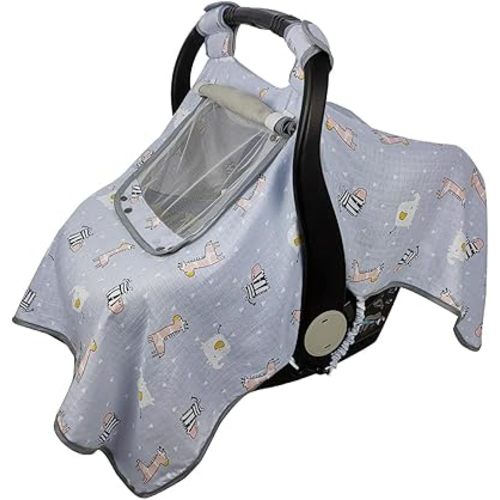 ICOPUCA Car seat Covers for Babies, Kick-Proof carseat Cover Girls/boy, carseat Canopy with Window, Light Weight Muslin, Breathable, fit Summer/Autumn/Spring, Animal Giraffe/Zebra/Elephant;