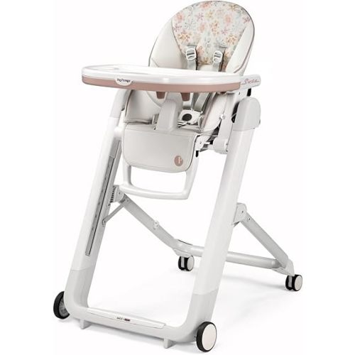 Peg Perego Siesta, Grow with Baby Folding High Chair & Recliner, Height Adjustable, Quick Clean & Easy Push Wheels for Babies & Toddlers, Made in Italy, Aquarelle (White)