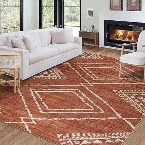 ReaLife Machine Washable Area Rug - Orange Moroccan Diamond Tribal - Living Room Bedroom Bathroom Kitchen Entryway Office - Padded Low Pile Stain Resistant Premium - Jax - 5' x 7'