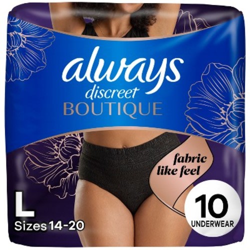 Always Discreet Boutique Adult Postpartum Incontinence Underwear for Women - Black - Large - 10ct