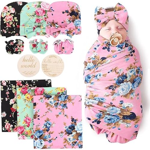 BQUBO Floral Swaddles for Baby Girl Newborn Receiving Blanket with Bow Hat Mittens Wooden Birth Announcement Card Set Baby Floral Print Swaddle Nursery Swaddle Wrap