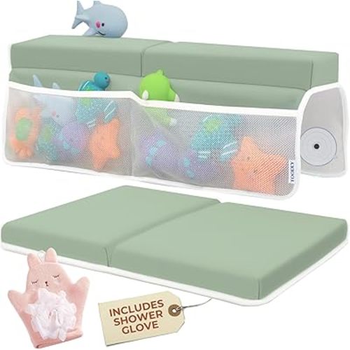 Comfortable Baby Bath Kneeler and Elbow Rest Pad Set with Pink Cloth Glove - Thick, Non-Slip, Memory Foam Kneeling Pad for Bathing Baby with Toy Storage Pockets - Easy Clean and Durable - Green
