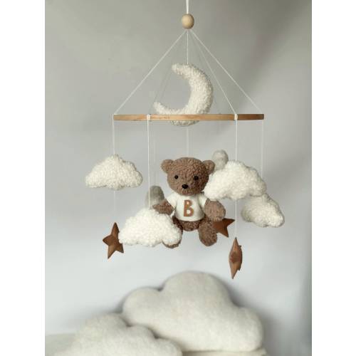 Teddy bear boucle Baby mobile Bear Moon and clouds boucle Nursery gender neutral mobile Personalised mobile Teddy Bear boucle Bear nursery