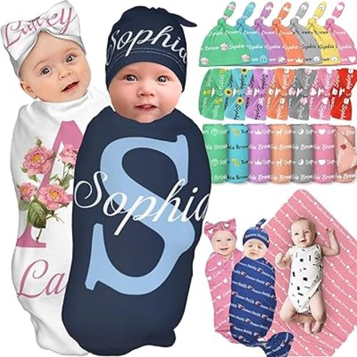 Personalized Baby Swaddle Girl Boy Blanket with Bow Headband and Hat Set Custom Name Baby Blanket Customized Swaddle Newborn Gifts
