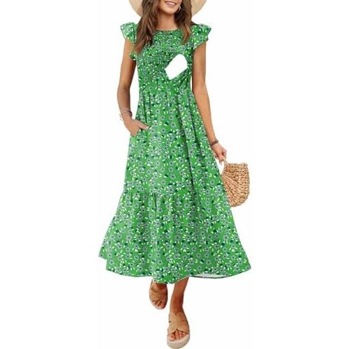 Women's Nursing Dress Flutter Short Sleeve Crew Neck Smocked Elastic Waist Tiered Midi with Pockets