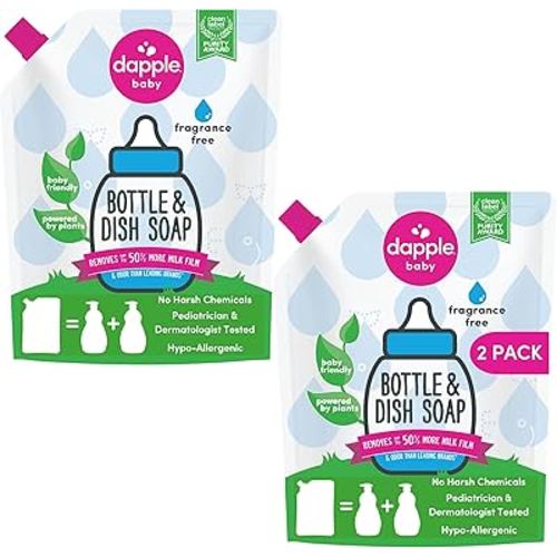 Dapple Baby Bottle Soap, Hypoallergenic Dish Soap for Baby Bottles, Powered by Plants, Fragrance Free, 34 Fl Oz (Pack of 2)