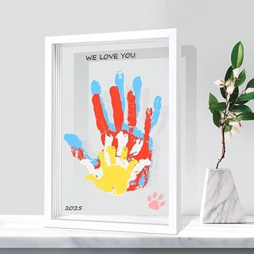 Wooden Family Handprint Kit for New Parents Gifts - Baby Safe with 6 Non-Toxic Washable Paints & Marker, DIY Keepsake Frame for Newborn Toddler Kids (6 Colors)
