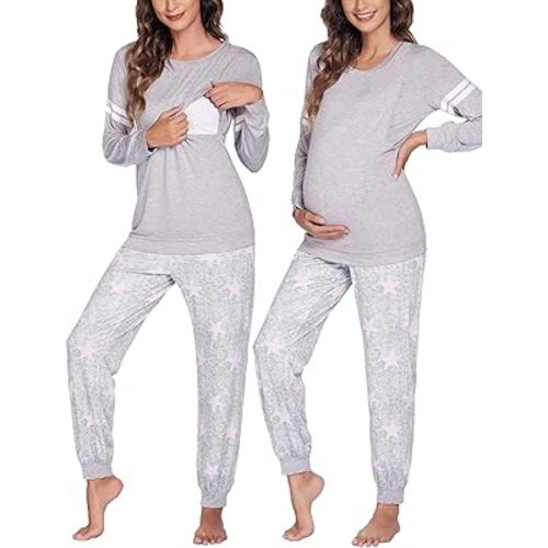 Ekouaer Maternity Pajama Set Nursing Pjs Women Breastfeeding Pregnancy Postpartum Clothes Long Sleeve Top & Pant with Pockets