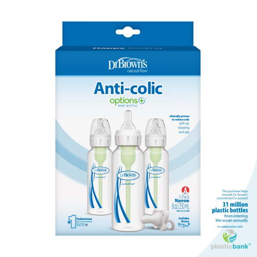 Dr. Brown's Natural Flow Anti-Colic Options+ Narrow Baby Bottle, 8oz, 3 Pack + HappyPaci