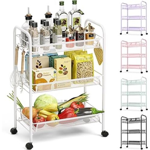 TOOLF 3-Tier Metal Rolling Cart, Mesh Wire Easy Assemble Utility Cart, Storage Trolley on Wheels with 3 Hooks, MetalStorage Shelving Units for Kitchen Bathroom Laundry Room