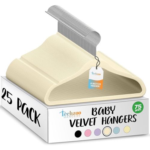 25 Premium Baby Velvet Hangers - 11.8 Inches Non-Slip & Ultra-Slim Baby Hangers for Space-Saving & Children Clothes - 360 Swivel Hook, Strong & Durable Infant & Toddler Clothes Hanger - Beige