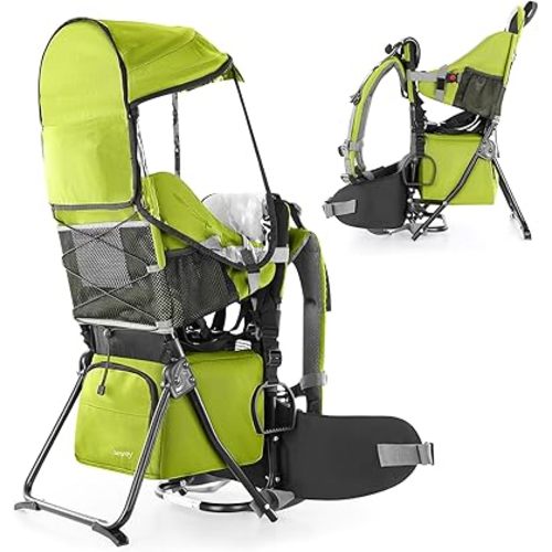 besrey Baby Backpack Carrier, Toddler Hiking Backpack with Safety 3-Height Seat, Adjustable Straps&Waist Belt, Foldable Frame Lightweight Large Capacity Child Carrier for Hiking Green