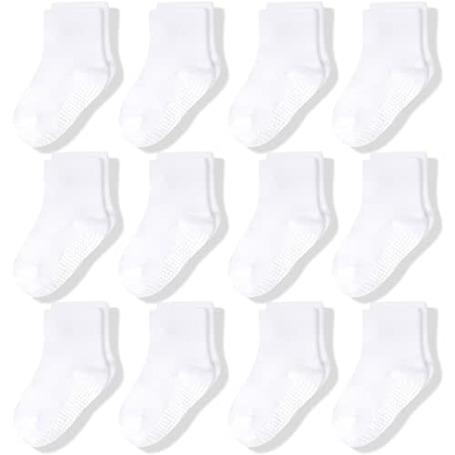 CozyWay Baby & Toddler Socks With Grippers Non Slip Crew Grip Socks for Girls and Boys Soft Comfy Cotton - 12 Pack