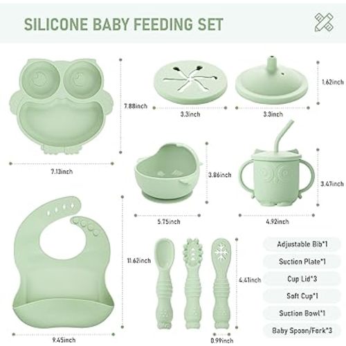 Bnditeu Baby Weaning Set, Silicone Baby Feeding Set(10 Pcs), Toddler Weaning Set with Adjustable Bib, Suction Bowl, Plate, Fork, Spoon, Water & Snack Cup Kit, Baby Led Weaning Kit for Babies and Kids - Green