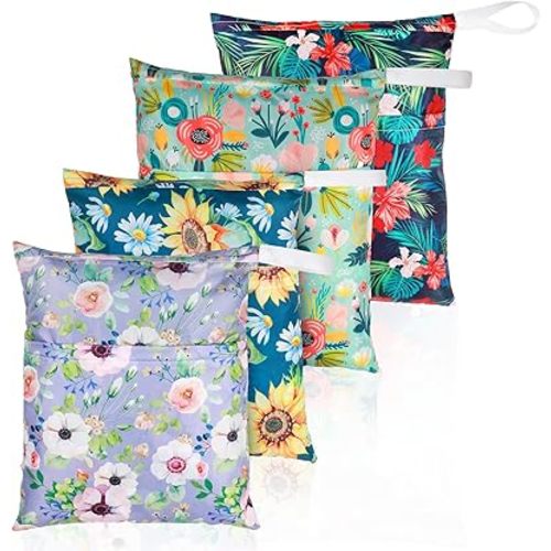 Frienda 4 Pieces Cloth Diaper Wet Dry Bag, Waterproof Reusable Washable Bag for Baby Items and Travel Zippered Pockets with Handle, Beach, Swimsuit, Dirty Gym Clothes and Toiletries(Flower)