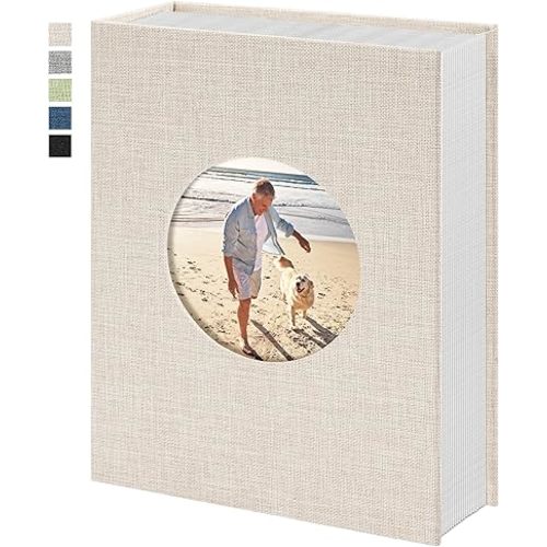 Vienrose Photo Album 4x6 Photos 200 Pockets Linen Cover Slip-in Photo Book with Round Window for Wedding Vacation, Beige