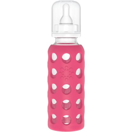 Lifefactory 9-Ounce Glass Baby Bottle with Stage 2 Nipple and Protective Silicone Sleeve Raspberry