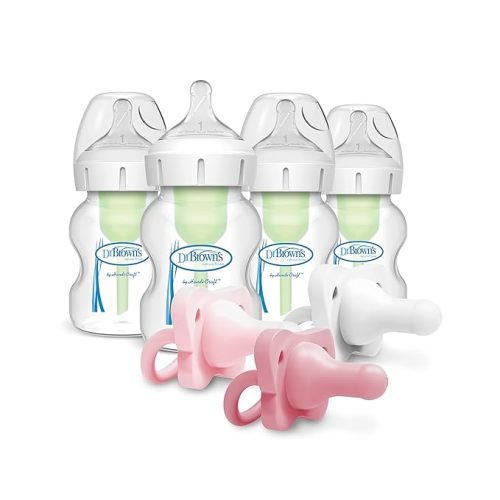 Dr. Brown’s Natural Flow® Anti-Colic Options+™ Wide-Neck Baby Bottle, 5 oz/150 mL, Level 1 Nipple, 4-Pack, 0m+ with HappyPaci 100% Silicone Pacifier 0-6m, BPA Free, White, Pink, Light Pink, 3 Pack