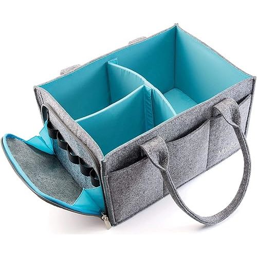 Premium Baby Diaper Caddy Organizer | Portable Nursery Storage Bin | Planner Caddy | Portable Craft Storage Organizer | Car Seat Tote with Zipper Pocket & 5mm Heavy Duty Felt (Grey/Turquoise)