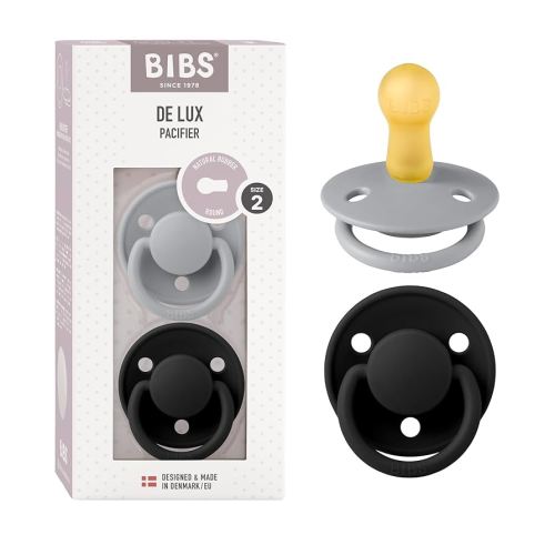 BIBS Pacifiers - De Lux Collection | BPA-Free Baby Pacifier | Made in Denmark | Set of 2 Cloud/Black Color Premium Soothers | Size 6-18 Months
