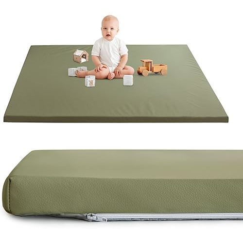 HIGOGOGO Vegan Leather Baby Play Mat, 48 x 48 High-Density Foam Cushioned & Waterproof Playpen Mat, Just Wipe-Clean Crawling Mat for Babyplay on Floor, Green