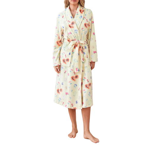 SUNSIOM Women Dressing Gown Flannel Robe Floral Print Shawl Collar Bathrobe for Hotel Spa Party Kimono Robe with Belt