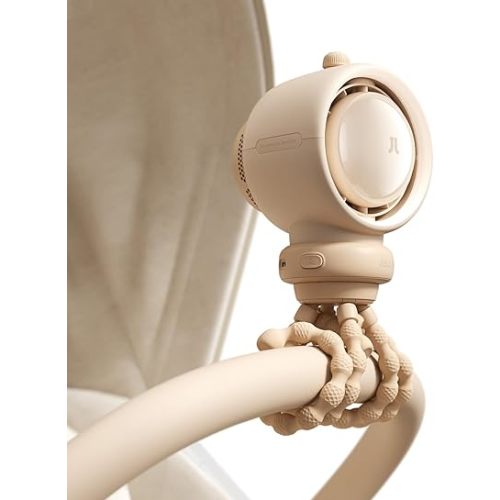 JISULIFE Stroller Fan Large, Battery Bladeless for Baby Crib, Portable Rechargeable for Desk, Car Seat Cooling with Air Purify and Air Turbo Tech, Safe Food-Grade Gifts for Mom/Dad/Friends - Brown
