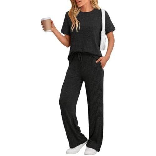 LILLUSORY 2 Piece Lounge Sets for Women Summer Vacation Outfits Matching Casual Wide Leg Pants Sets Ribbed Knit Pajamas 2025
