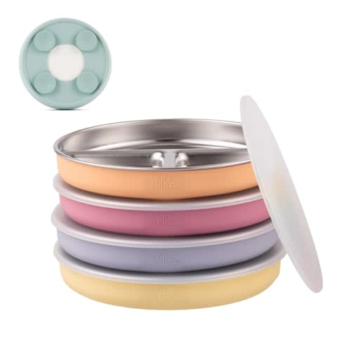 Elk and Friends Stainless Steel Divided Plates with Silicone Sleeve for Babies & Toddlers | Lids Included | Stay Put Suction | Dinner & Snack Plates | 4 Pack