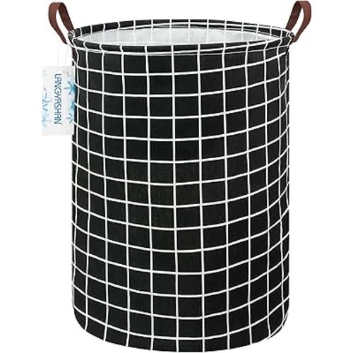 LANGYASHAN Laundry Basket Canvas Fabric Collapsible Organizer Basket for Storage Bin Toy Bins Gift Baskets Bedroom Clothes Children Nursery Hamper (Black Grid)