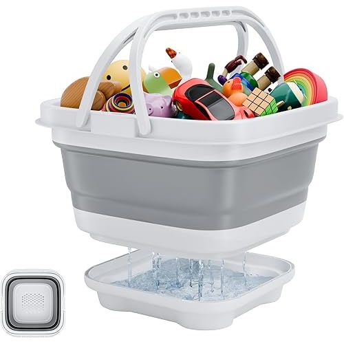 Bath Toy Storage Organizer - Foldable Bath Toy Holder for Bathtub, Bathtub Toy Storage with Removable Drying Base, Bathroom Toy Storage with 2 Hooks