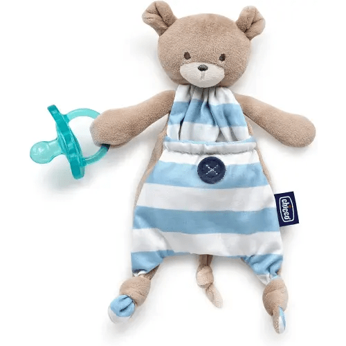Chicco Pocket Buddy Lovey and Pacifier Holder | Plush, Soothing Animal-Themed Toy | Fits Most Pacifiers | Machine-Washable | Blue Bear| 0+ Months