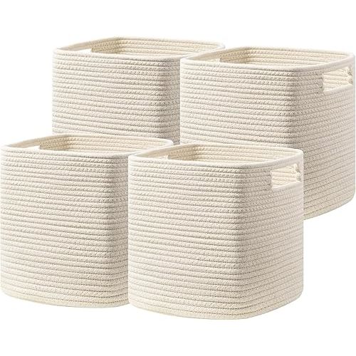 Dreamcountry 11 Inch Cube Storage Bins, Storage Cubes with Handles, 4 Pack Cotton Rope Basket for Shelves, Cube Storage Organizer forToys, Book, Clothes, Home, Office, Nursery, Beige