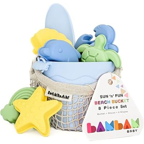 BAMBAM Baby – Premium Silicone Beach Toys for Toddlers & Baby | 100% BPA Free, Safety Tested | 8 Piece Sand Bucket Set for Kids Ages 6 Months and Up (Beach Blue)