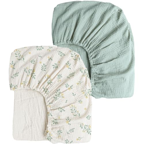 Konssy Muslin Crib Sheets 2 PCS 100% Cotton Baby Crib Sheets for Standard Crib Mattress (28"x 52"), Soft and Breathable for Boys, Girls (Leafy,Green)